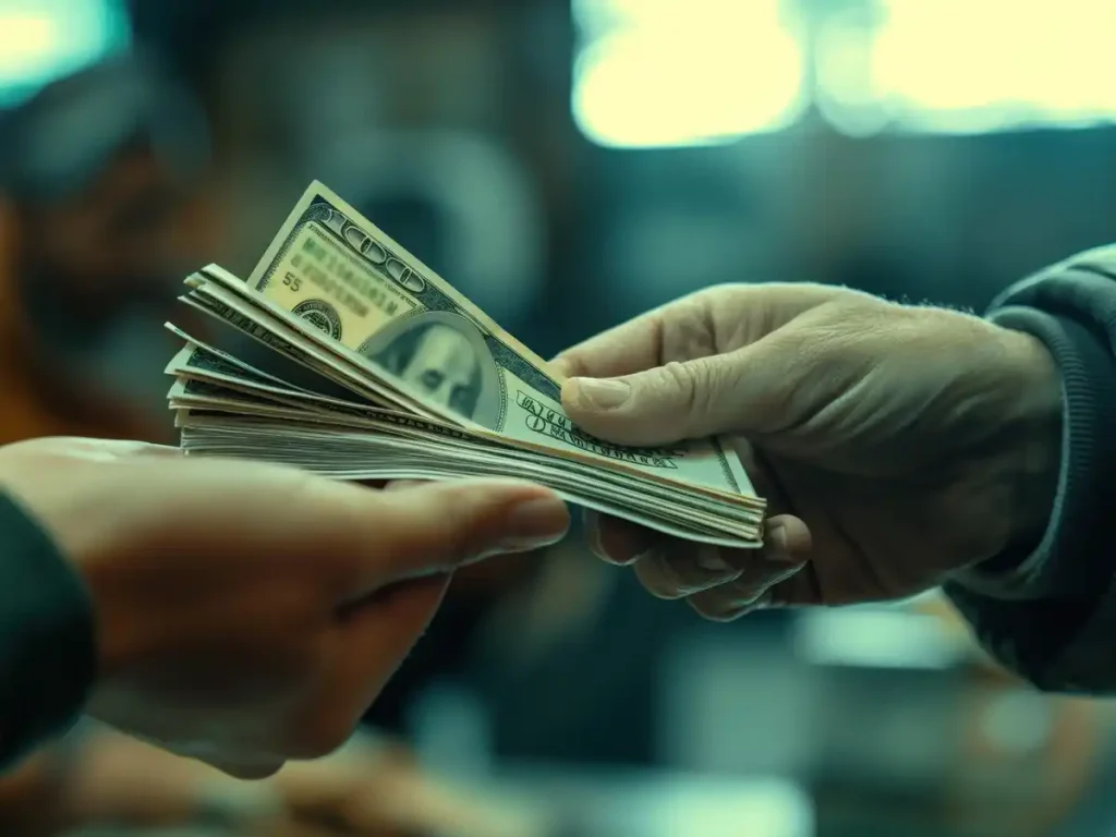Close-up of two hands exchanging a thick stack of U.S. 100-dollar bills, suggesting a financial transaction or remittance, with a blurred background.