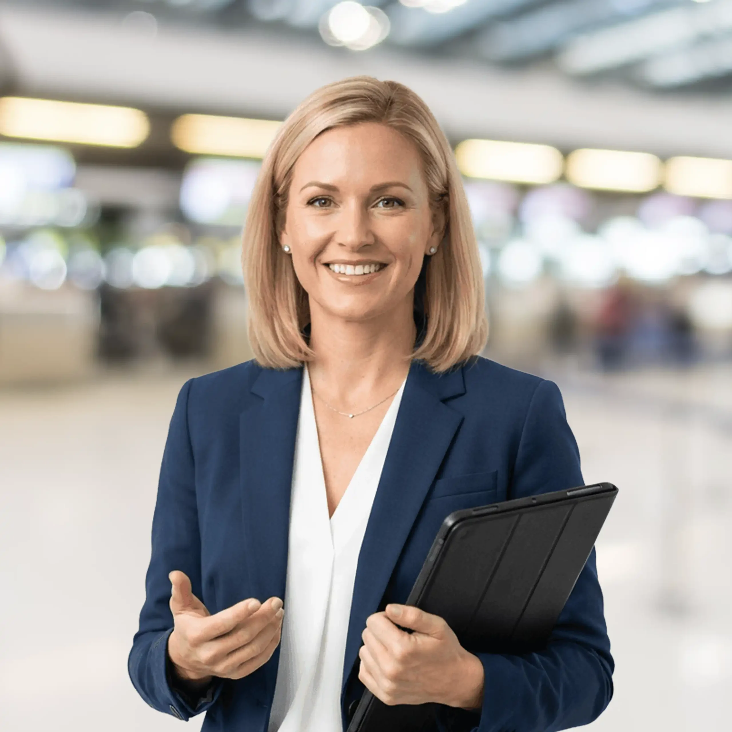 Professional in blue blazer over white blouse holding black tablet or portfolio standing indoors in modern well-lit public space with blurred bright lights and figures in background representing business travel and corporate environment