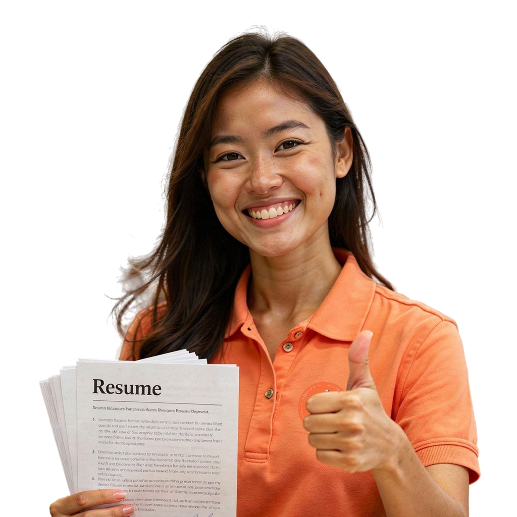 Person in orange polo shirt smiling holding several sheets of paper labeled Resume at top giving thumbs-up gesture representing job application career preparation and positive employment readiness