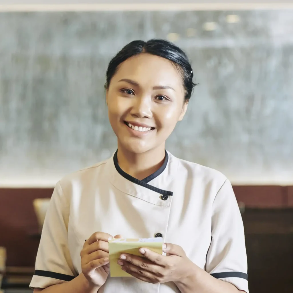 Person in light-colored uniform with dark trim holding notepad and pen in indoor setting with blurred wall and furniture background representing service professional taking order hospitality attentiveness and customer care