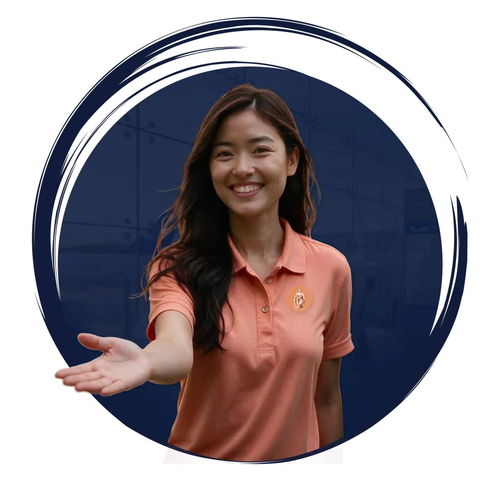Person in orange polo shirt with embroidered logo extending arm forward open hand gesture against dark blue background with circular design and faint building outlines symbolizing welcoming greeting hospitality customer service and teamwork