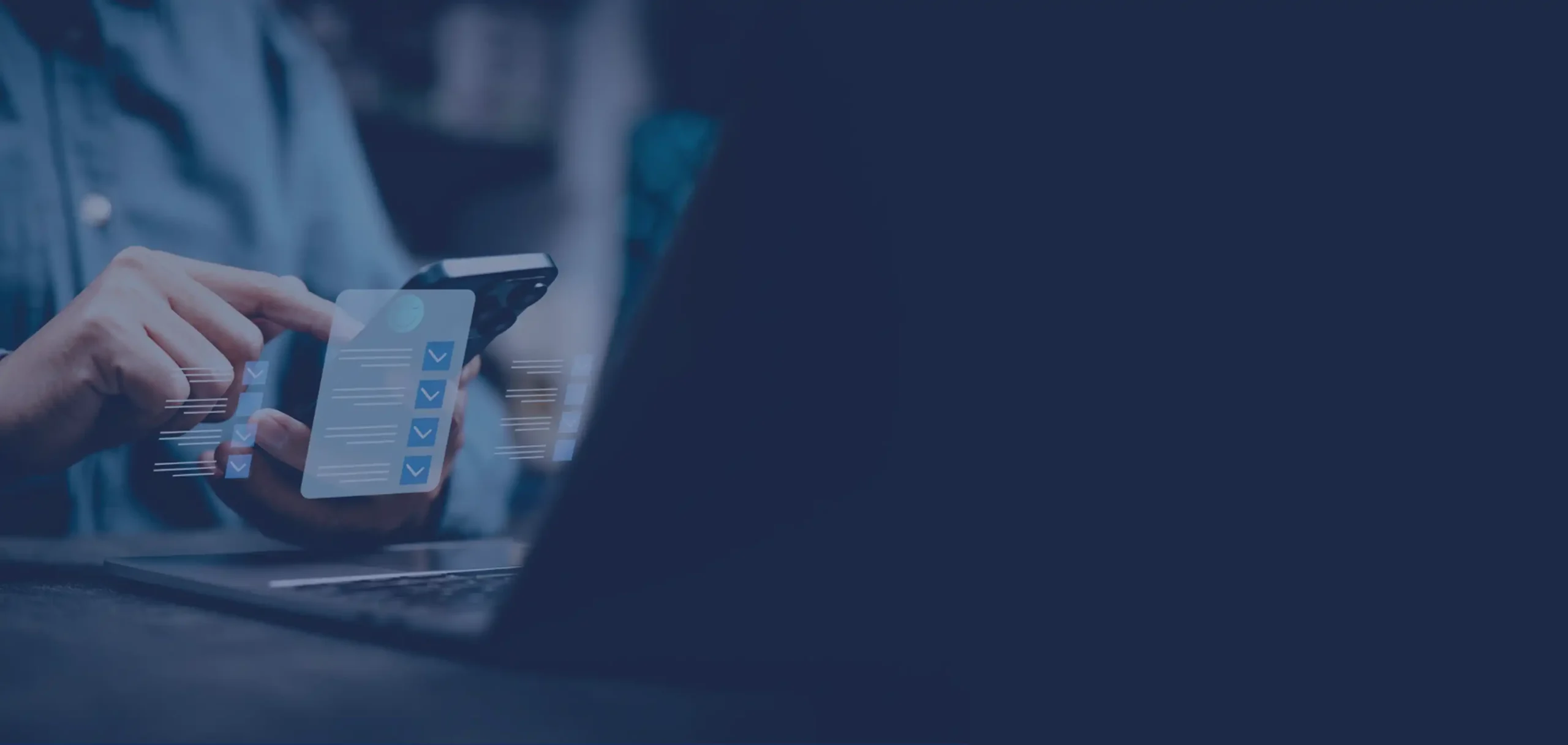 Person using smartphone displaying digital checklist interface with marked checkboxes while sitting in front of laptop blurred background emphasizing mobile productivity and task management tools