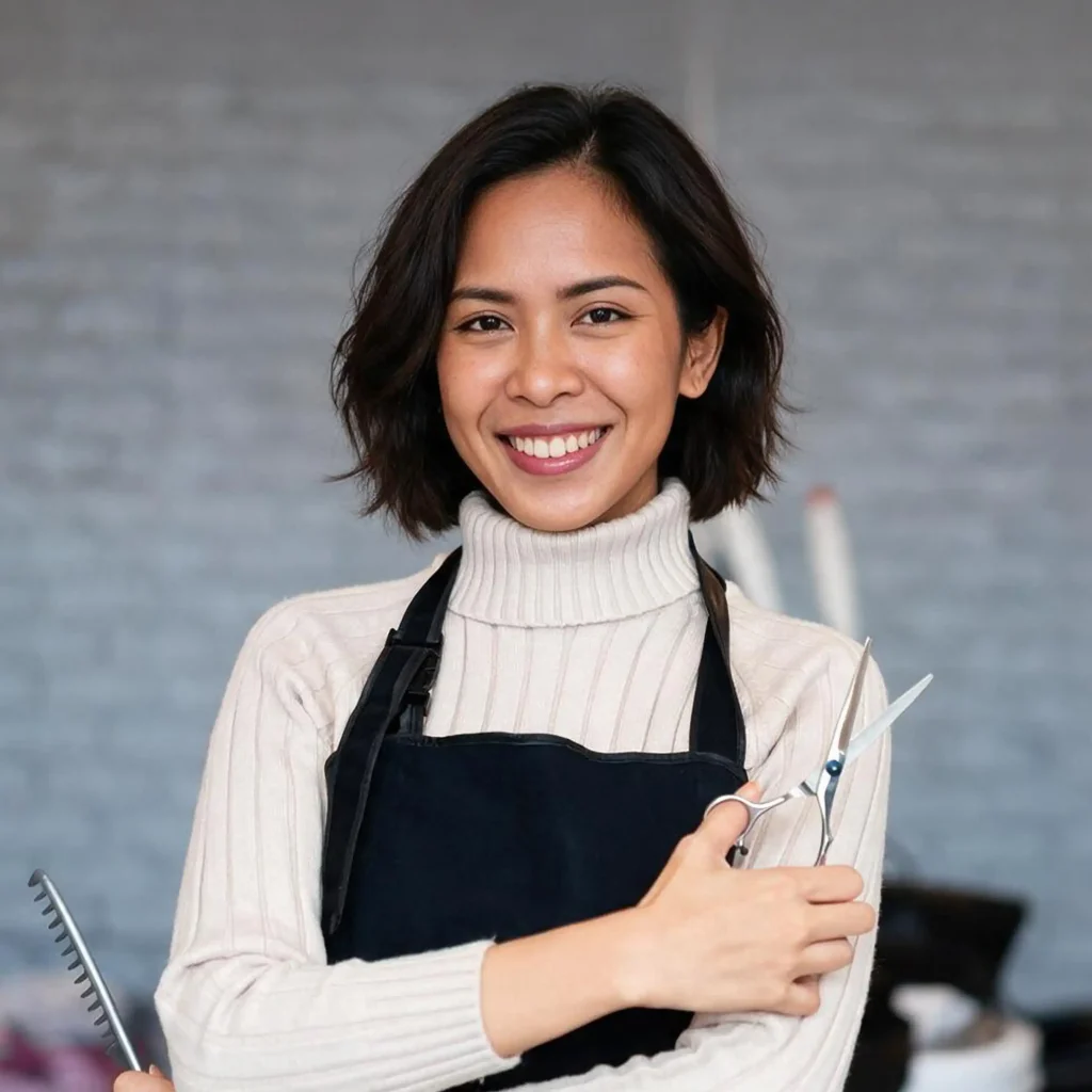 Person in light-colored turtleneck sweater and dark apron holding scissors and comb in indoor setting with blurred wall background representing hairstylist profession salon environment and hairdressing tools