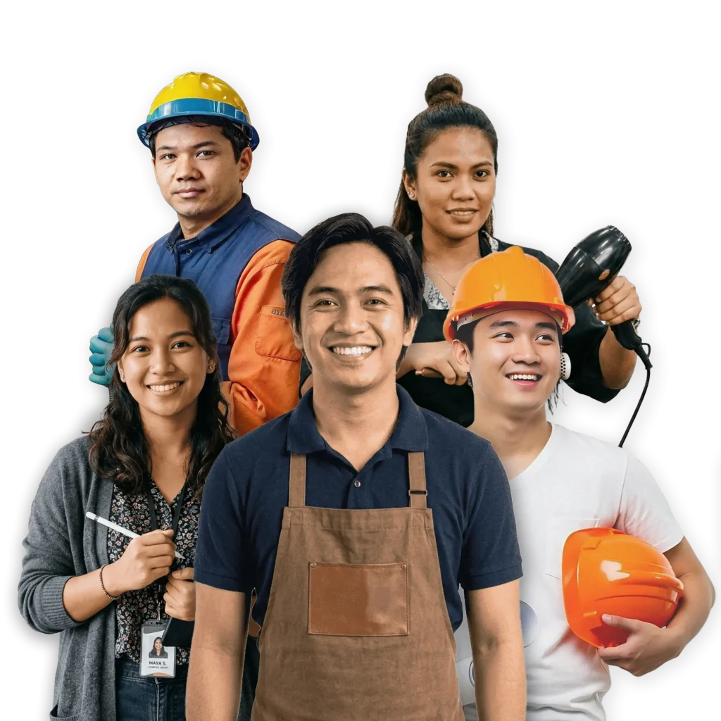 Five individuals in diverse work attire including construction worker in orange and blue uniform with yellow safety helmet hairstylist holding hairdryer service worker in brown apron office worker in gray cardigan with pen and professional in white shirt holding orange helmet representing diversity in occupations teamwork and workforce collaboration
